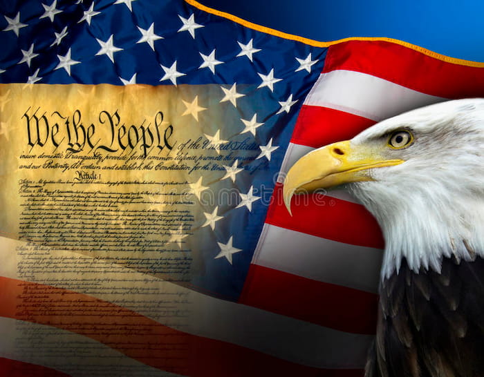 Collage of the US Constitution, flag, and bald eagle